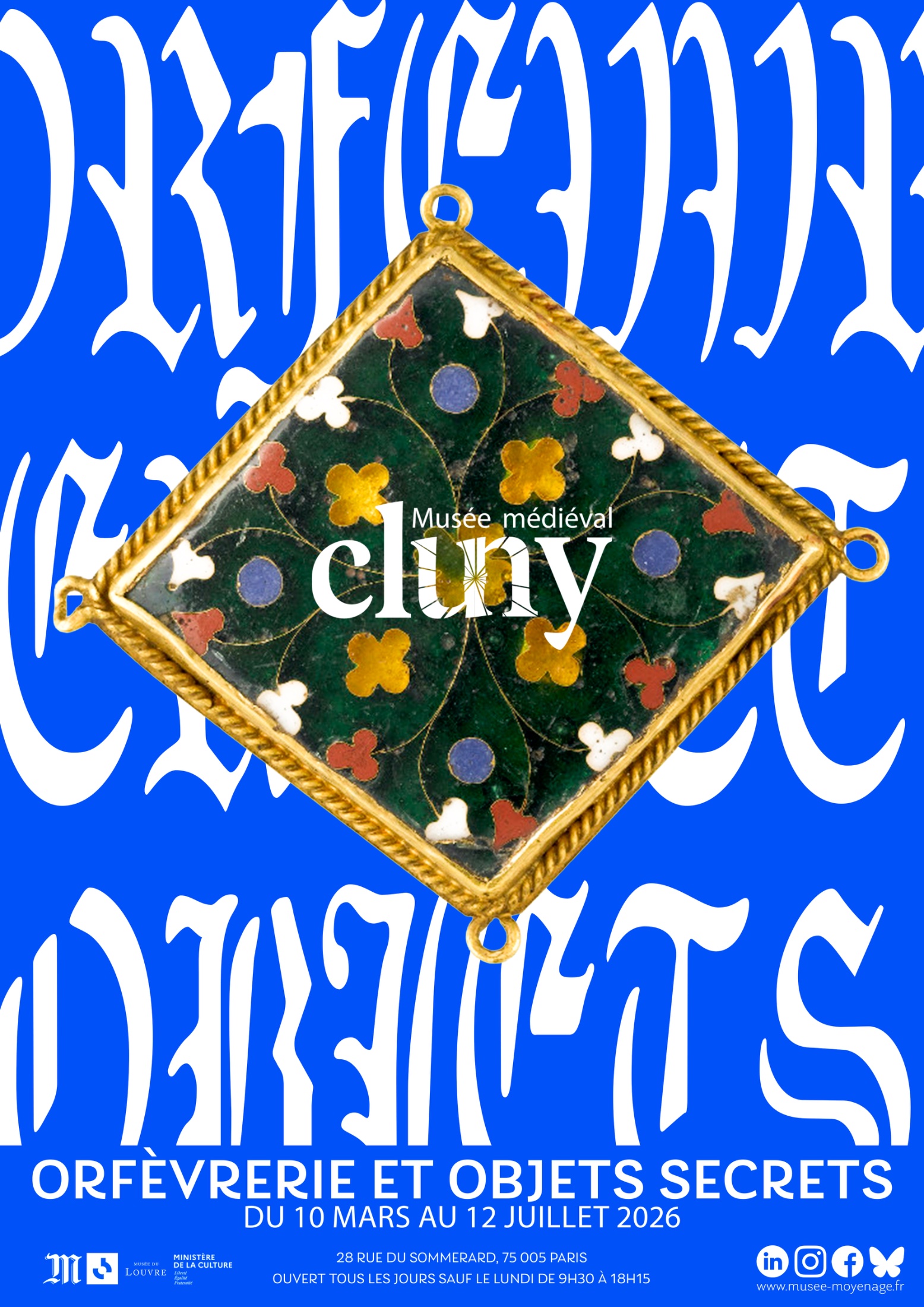 MUSÉE DE CLUNY — affiche Orfèvrerie et objets secrets, bleu outremer