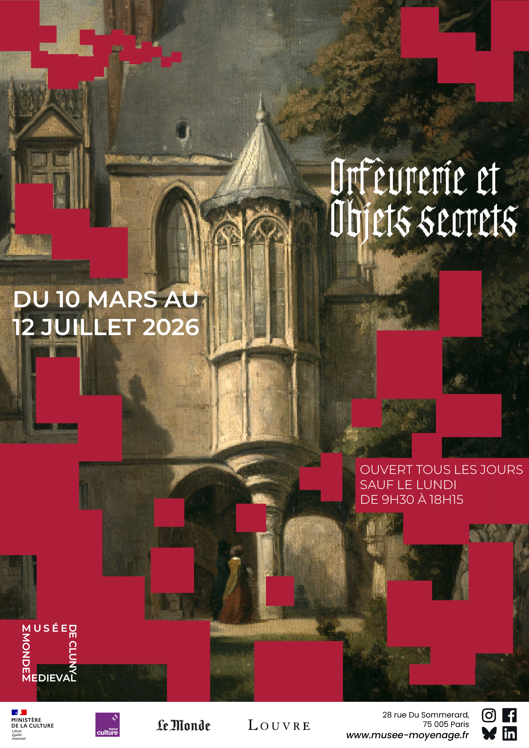 MUSÉE DE CLUNY — affiche Orfèvrerie et objets secrets, bordeaux pixelisé