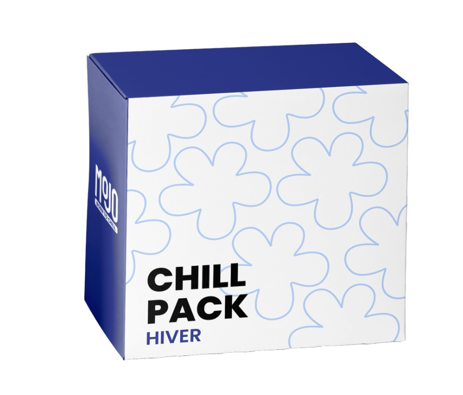 MOJO — Chill Pack Hiver, packaging bleu nuit avec motif fleur outline
