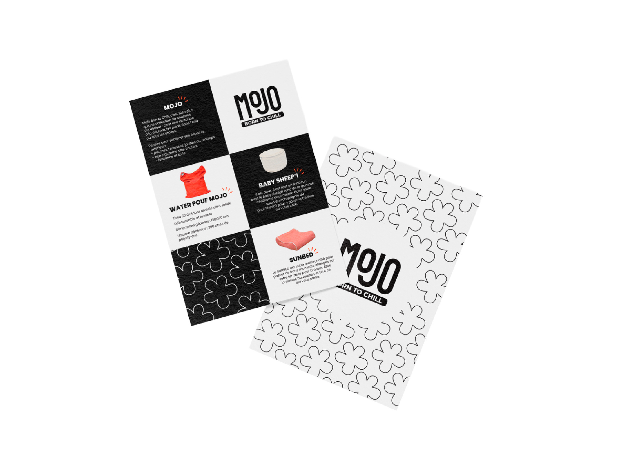 MOJO Born to Chill — flyer produit recto verso, damier noir et blanc, présentation Water Pouf, Baby Sheep'i, Sunbed
