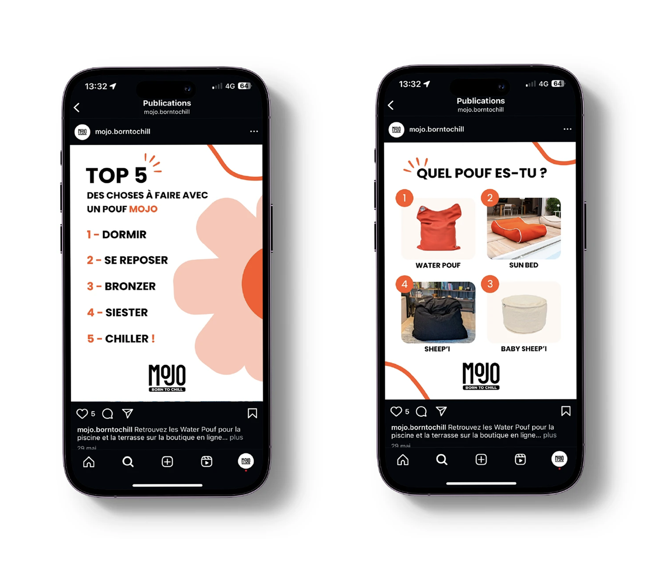 MOJO — deux posts Instagram en mockup iPhone, TOP 5 et Quel pouf es-tu